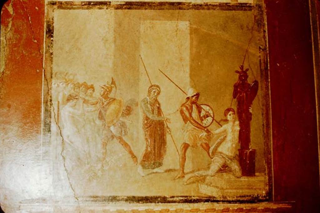 I.10.4 Pompeii. 1957. Room 4, Wall painting of Ajax dragging Cassandra from the Palladium before the eyes of Priam. Photo by Stanley A. Jashemski.
Source: The Wilhelmina and Stanley A. Jashemski archive in the University of Maryland Library, Special Collections (See collection page) and made available under the Creative Commons Attribution-Non Commercial License v.4. See Licence and use details.
J57f0486