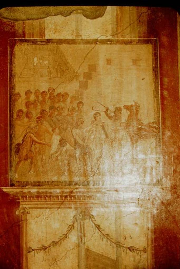 I.10.4 Pompeii. 1957. Room 4. Wall painting of Cassandra and the wooden Trojan horse.
Photo by Stanley A. Jashemski.
Source: The Wilhelmina and Stanley A. Jashemski archive in the University of Maryland Library, Special Collections (See collection page) and made available under the Creative Commons Attribution-Non Commercial License v.4. See Licence and use details.
J57f0485