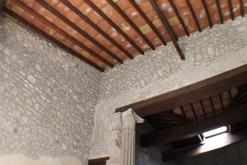 I.10.4 Pompeii. March 2014. Room 8, looking to upper walls in north-west corner above column.
Foto Annette Haug, ERC Grant 681269 DÉCOR.