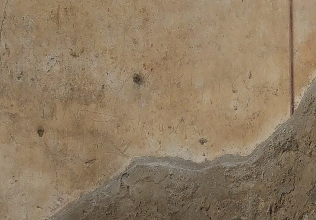 I.10.8 Pompeii. March 2009. Room 3, north wall of cubiculum. Graffiti CIL IV 8380.
According to Epigraphik-Datenbank Clauss/Slaby (See www.manfredclauss.de) this reads
Onesimi ecce / xurikilla / dos labiis [tuis] Onesimus / Onesimi <c=Q>un(n)u(m) li(n)ge(re)      [CIL IV 8380]
