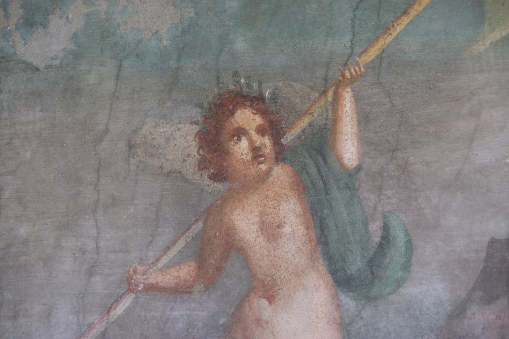 II.3.3 Pompeii. September 2017. Room 11, detail of cupid/amorino riding on a dolphin. Photo courtesy of Klaus Heese.