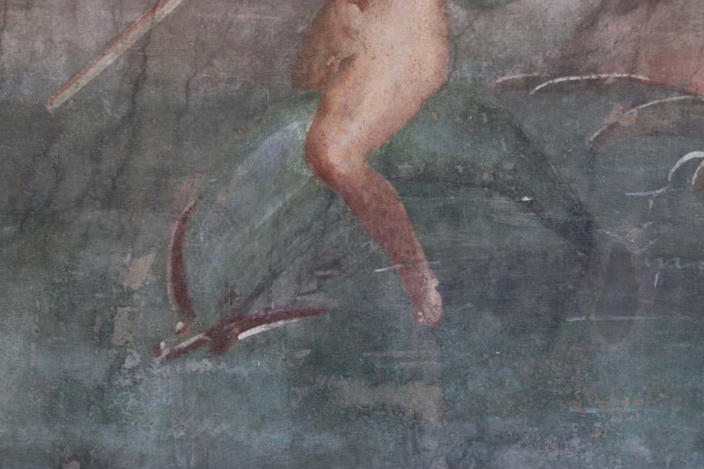 II.3.3 Pompeii. September 2017. Room 11, detail of cupid/amorino riding on a dolphin. Photo courtesy of Klaus Heese.