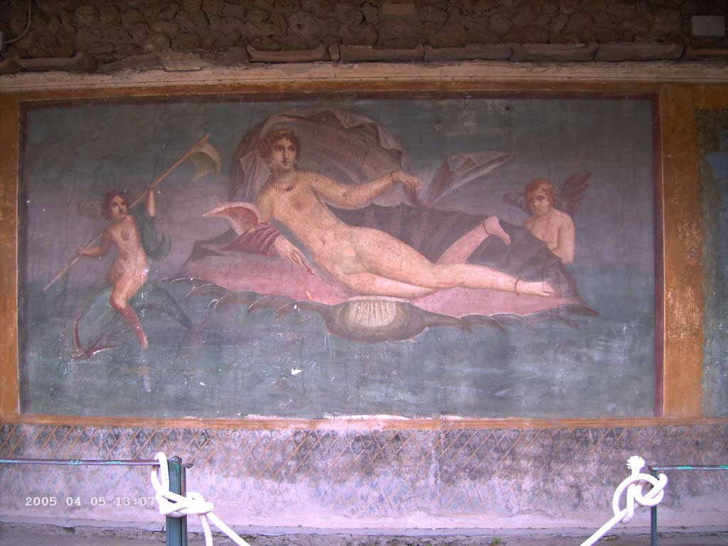 II.3.3 Pompeii. April 2005. Room 11, central panel on south wall of peristyle. Wall painting of Aphrodite / Venus in a shell.
Photo courtesy of Klaus Heese.