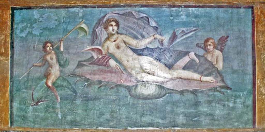 II.3.3 Pompeii. October 2001. Room 11, central panel on south wall of peristyle.
Wall painting of Aphrodite / Venus in a shell. Photo courtesy of Peter Woods.