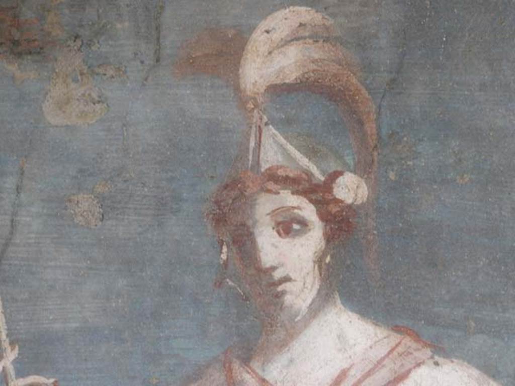 II.3.3 Pompeii. May 2016. Room 11, east panel on south wall of peristyle. Detail of head of statue of Ares / Mars. Photo courtesy of Buzz Ferebee.