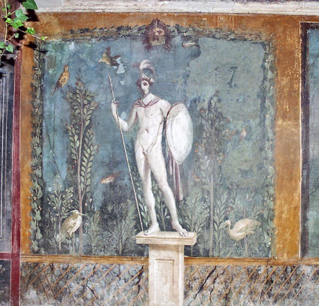 II.3.3 Pompeii. October 2001.
Room 11, east panel on south wall of peristyle. Wall painting of statue of naked Ares/Mars with a lance and shield.
Photo courtesy of Peter Woods.