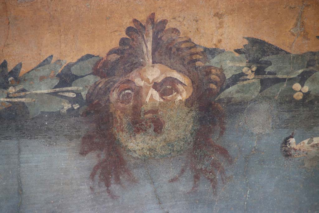 II.3.3. Pompeii. September 2017. Mask from east end of upper south wall of garden area.
Photo courtesy of Klaus Heese.