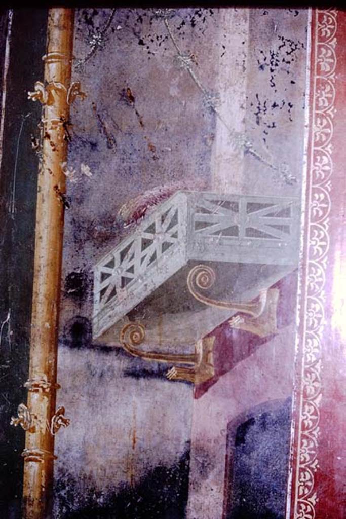 II.3.3 Pompeii. 1966. Room 6, south wall of triclinium, with detail of wall painting of balcony.
Photo by Stanley A. Jashemski.
Source: The Wilhelmina and Stanley A. Jashemski archive in the University of Maryland Library, Special Collections (See collection page) and made available under the Creative Commons Attribution-Non Commercial License v.4. See Licence and use details.
J66f0640