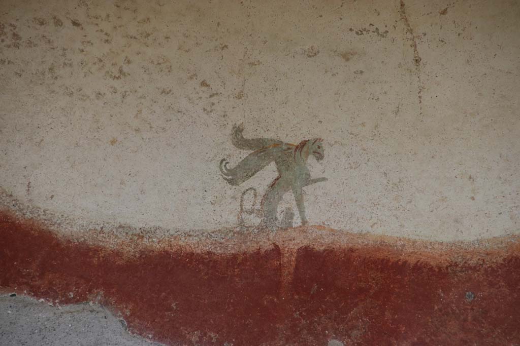 II.3.3 Pompeii. September 2017. Room 11, west portico, detail of painted decoration of sphynx, on upper wall.
Photo courtesy of Klaus Heese.