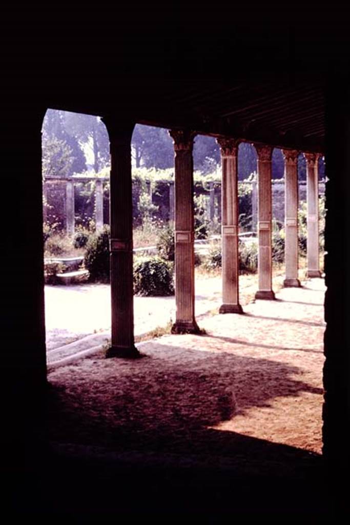 II.4.3 Pompeii. 1977. Looking south-east across garden, from west portico.
Photo by Stanley A. Jashemski.
Source: The Wilhelmina and Stanley A. Jashemski archive in the University of Maryland Library, Special Collections (See collection page) and made available under the Creative Commons Attribution-Non Commercial License v.4. See Licence and use details. J77f0439