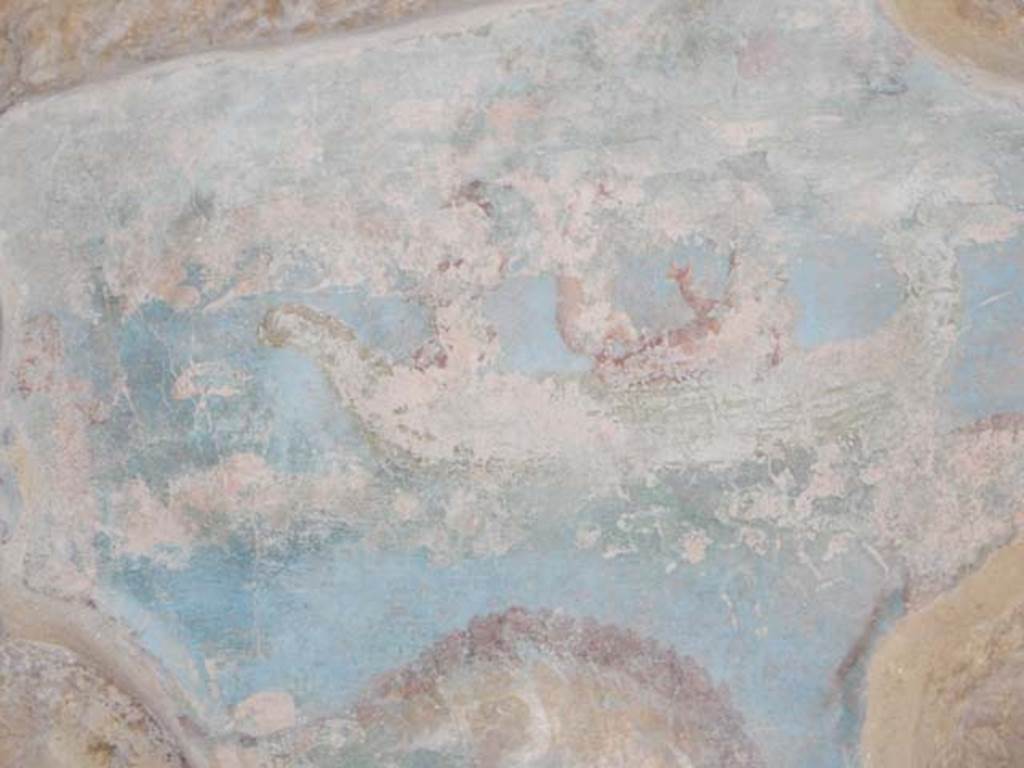 II.4.6 Pompeii. May 2016. North wall, with remains of painted decoration showing two pygmies rowing a boat. Photo courtesy of Buzz Ferebee.