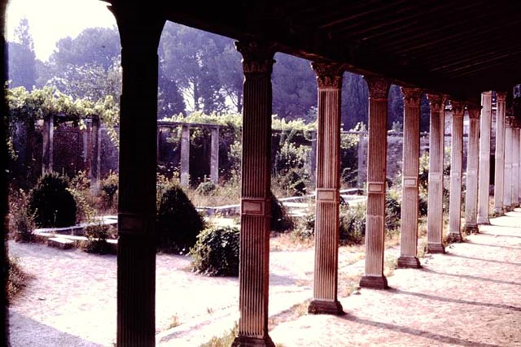 II.4.6 Pompeii. 1977. West peristyle, looking east towards garden area and water feature. Photo by Stanley A. Jashemski.
Source: The Wilhelmina and Stanley A. Jashemski archive in the University of Maryland Library, Special Collections (See collection page) and made available under the Creative Commons Attribution-Non Commercial License v.4. See Licence and use details. J77f0440
