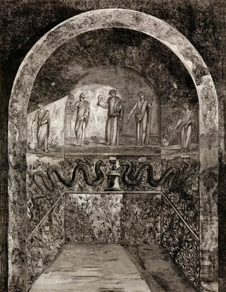 II.4.6 Pompeii. 1807. Engraving of the sacrarium.
According to Boyce, on three walls of a small sacellum-like room with vaulted ceiling, were sacred paintings.
These were done on a white background above a dado filled with plants.
In the centre, was Isis seated upon a throne.
On her left stood Anubis, wearing a dark garment and sandals, his head turned towards Isis.
On the left side wall were poorly preserved figures, a woman who seemed to be rolling a globe on the floor, and a male figure holding a cornucopia.
On the right of Isis in the centre, stood a poorly preserved figure holding a staff in right, and a cornucopia in the left hand.
On the right-side wall stood a female figure, holding in her right hand, a shallow dish with eggs and fruit, which she is offering to a serpent.
See Boyce G. K., 1937. Corpus of the Lararia of Pompeii. Rome: MAAR 14. (p.95, no.471)
Piranesi described it as “Niche dans le temple d’Isis a Pompeia”.
Fröhlich attributed it to this house and comments that Piranesi and Helbig contradict each other on some points.
This sacrarium was taken to the Museum at Portici and reconstructed there, and then transferred to the National Museum.
By around 1885, it had faded and perished apart from the lower portion showing the serpents.
In Naples Archaeological Museum it was inventory number 9693.
See Pagano, M. and Prisciandaro, R., 2006. Studio sulle provenienze degli oggetti rinvenuti negli scavi borbonici del regno di Napoli. Naples: Nicola Longobardi. (p.17 and note 47).
See Piranesi F., 1807. Antiquités de la Grande Grèce, aujourd'hui royaume de Naples. Paris: Etablissement des Beaux-Arts. (Plate 1).
See Fröhlich, T., 1991. Lararien und Fassadenbilder in den Vesuvstädten. Mainz: von Zabern. (L40, p. 265, Taf 30,1).
See Helbig, W., 1868. Wandgemälde der vom Vesuv verschütteten Städte Campaniens. Leipzig: Breitkopf und Härtel. (No 79).
See Parslow, C.C. (1998). Rediscovering Antiquity: Karl Weber and the Excavation of Herculaneum, Pompeii and Stabiae. UK, Cambridge UP (p.110, & p.345, notes 8 & 9)