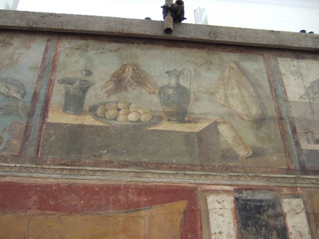II.4.10 Pompeii. Detail of painting of birds, eggs, jugs and jars from upper wall from tablinum of Praedia di Giulia Felice (Julia Felix). Now in Naples Archaeological Museum