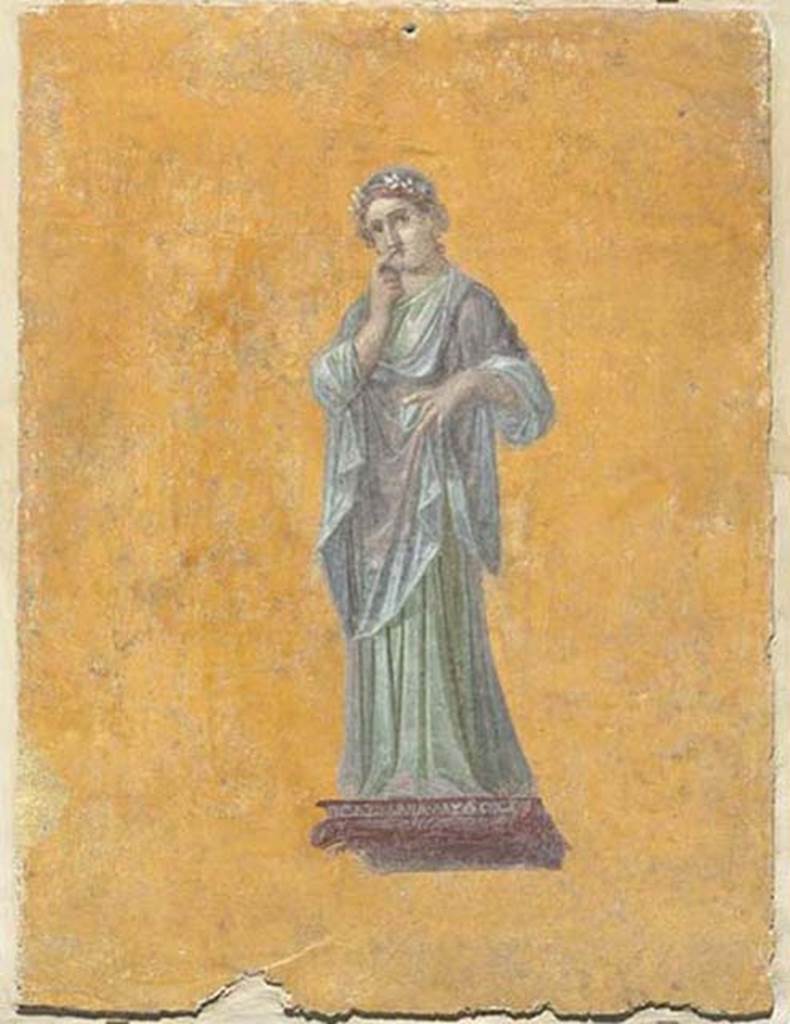 II.4.10/3 Pompeii. Found 20th July 1755 in cubiculum (Ambiente 97).
Polyhymnia, the muse of myths and pantomime.
Now in the Louvre, Paris, inventory number P11.