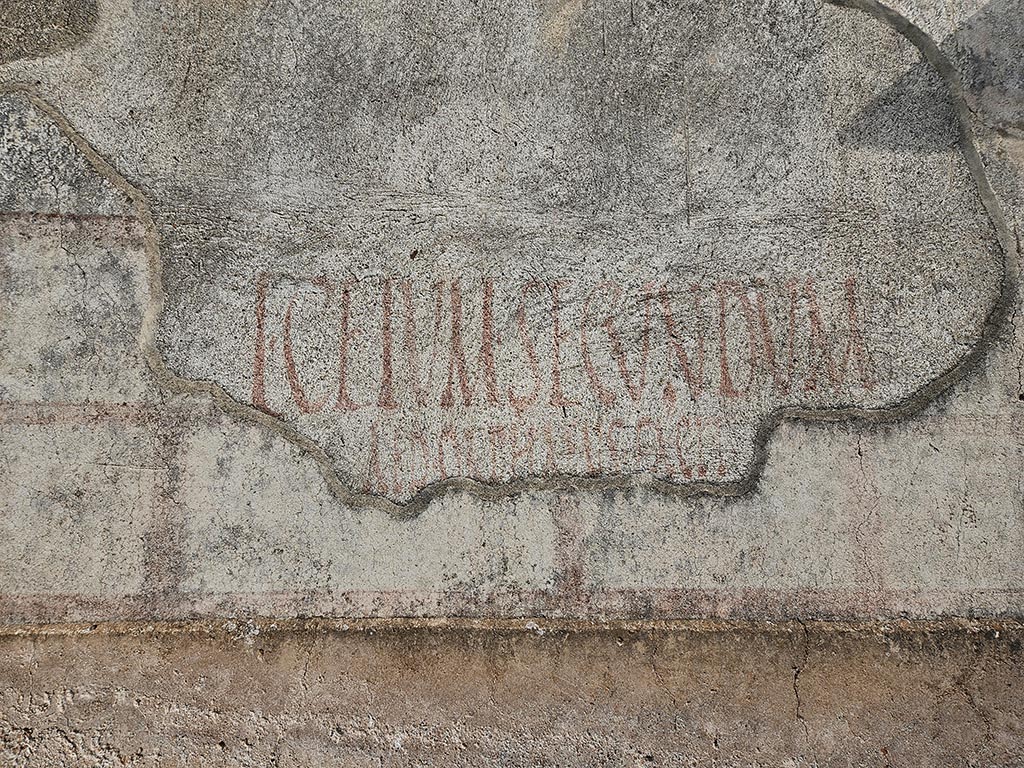 II.4.10 Pompeii. November 2024. Painted inscription on north side of entrance doorway. Photo courtesy of Annette Haug.