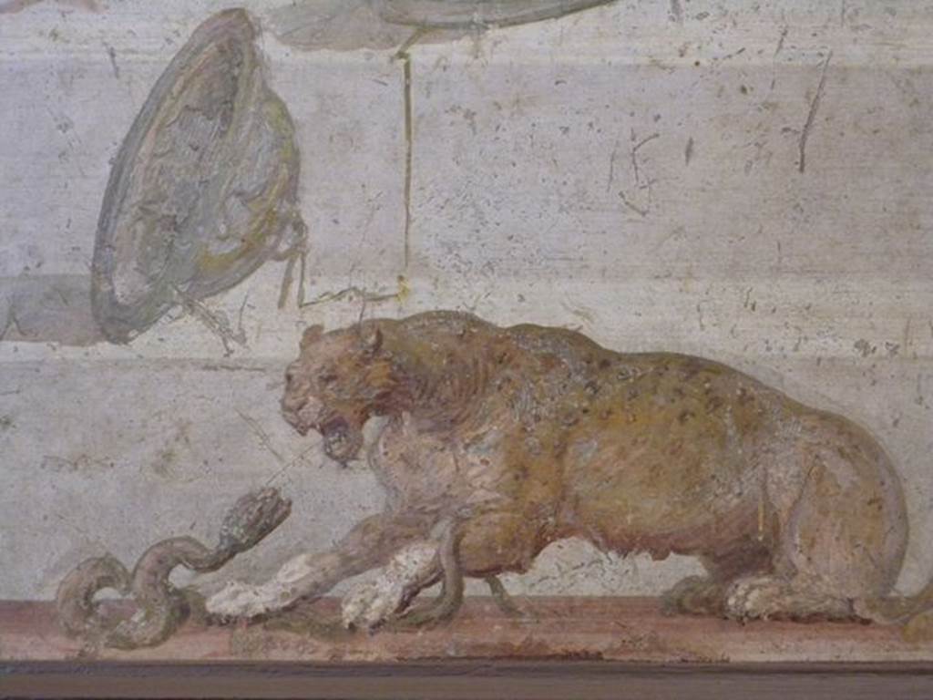 II.4.10 Pompeii. Wall painting with symbols of Dionysus. Detail of panther attacking snake. Now in Naples Archaeological Museum. Inventory number 8795.