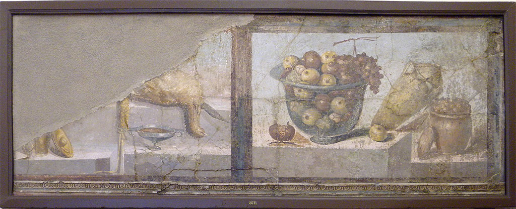 II.4.10 Pompeii. Wall painting of two still-life panels including a dead game bird and a glass bowl filled with fruit. Found 6th July 1755.
Now in Naples Archaeological Museum. Inventory number 8611.
According to Parslow, these were removed from the tablinum, together with the entire north wall.
See Parslow, C.C. (1998). Rediscovering Antiquity: Karl Weber and the Excavation of Herculaneum, Pompeii and Stabiae. UK: Cambridge UP, (p. 112 & note 14 on p.346)
