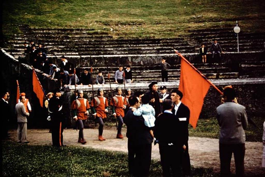 II.6 Pompeii. 1961. South end of ampitheatre, three lancers marching three abreast in the parade for the performance of the mystery play. Photo by Stanley A. Jashemski.
Source: The Wilhelmina and Stanley A. Jashemski archive in the University of Maryland Library, Special Collections (See collection page) and made available under the Creative Commons Attribution-Non Commercial License v.4. See Licence and use details.
J61f0277