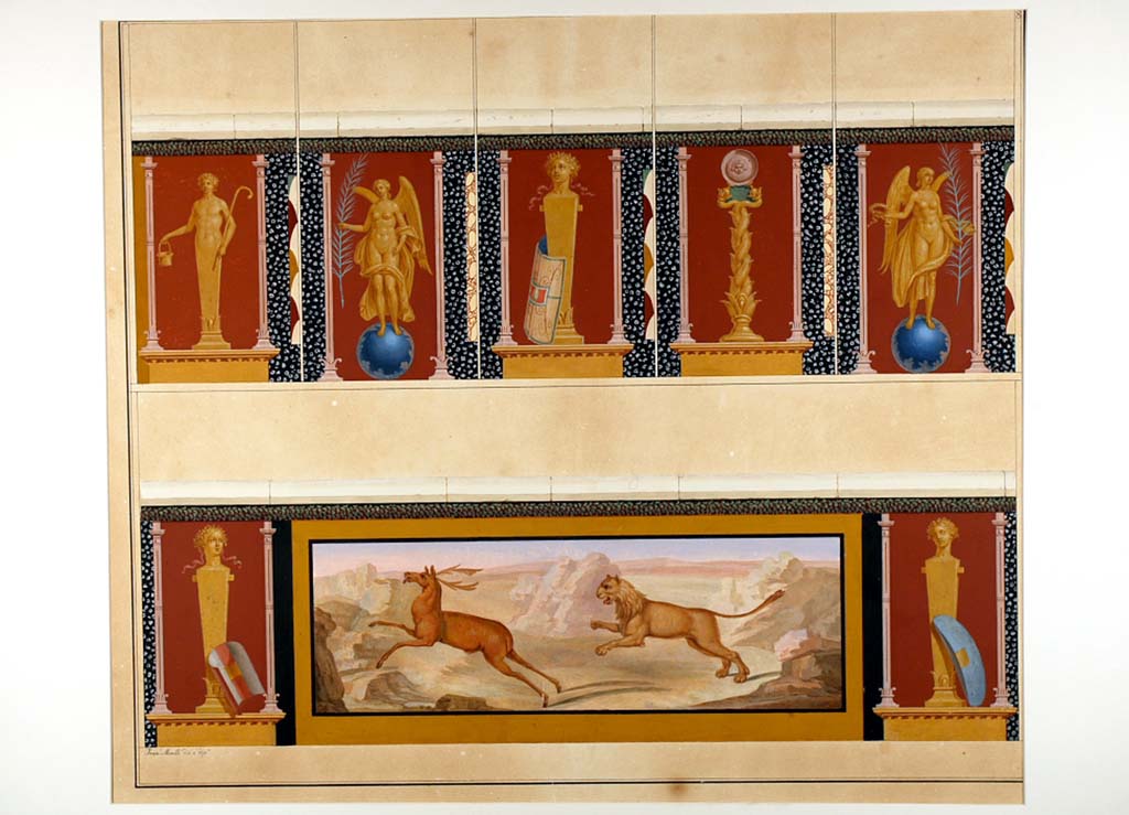 II.6 Pompeii. ADS 87. Inner wall of amphitheatre, paintings now lost.
Painting by Francesco Morelli of amphitheatre podium panels on a red background, and panel of the beast hunt.
Now in Naples Archaeological Museum. Inventory number ADS 87.
Photo © ICCD. http://www.catalogo.beniculturali.it
Utilizzabili alle condizioni della licenza Attribuzione - Non commerciale - Condividi allo stesso modo 2.5 Italia (CC BY-NC-SA 2.5 IT)