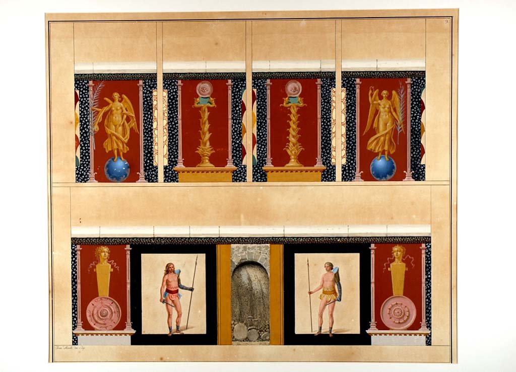 II.6 Pompeii. ADS 88. Inner wall of amphitheatre, paintings now lost.
Painting by Francesco Morelli of amphitheatre podium panels on a red background, and two panels with gladiators (two retiarius). (Helbig 1514).
At the sides are herms with shields leaning against them.
Now in Naples Archaeological Museum. Inventory number ADS 88.
Photo © ICCD. http://www.catalogo.beniculturali.it
Utilizzabili alle condizioni della licenza Attribuzione - Non commerciale - Condividi allo stesso modo 2.5 Italia (CC BY-NC-SA 2.5 IT)