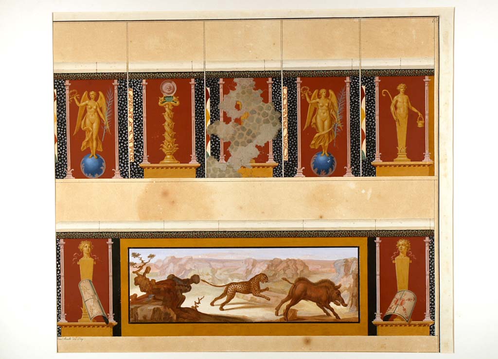 II.6 Pompeii. ADS 89. Inner wall of amphitheatre, paintings now lost.
Painting by Francesco Morelli of amphitheatre podium panels on a red background, and panel of hunt of beasts (Helbig 1519).
At the sides are herms with shields leaning against them.
Now in Naples Archaeological Museum. Inventory number ADS 89.
Photo © ICCD. http://www.catalogo.beniculturali.it
Utilizzabili alle condizioni della licenza Attribuzione - Non commerciale - Condividi allo stesso modo 2.5 Italia (CC BY-NC-SA 2.5 IT)