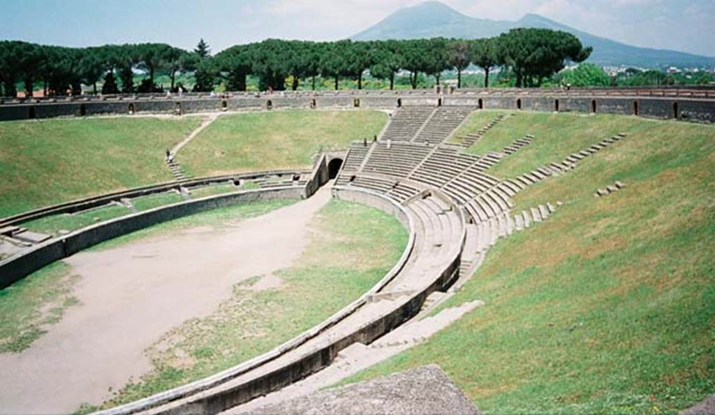 II.6 Pompeii. May 2000. Looking north-west across the arena of the Amphitheatre.
Photo courtesy of Buzz Ferebee.