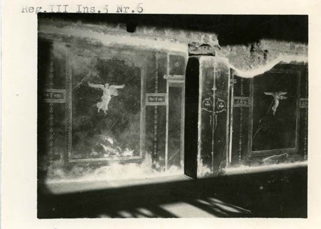 III.3.6 Pompeii. 1937-39. Painted decoration at west end of north wall. Photo courtesy of American Academy in Rome, Photographic Archive. Warsher collection no. 1870b