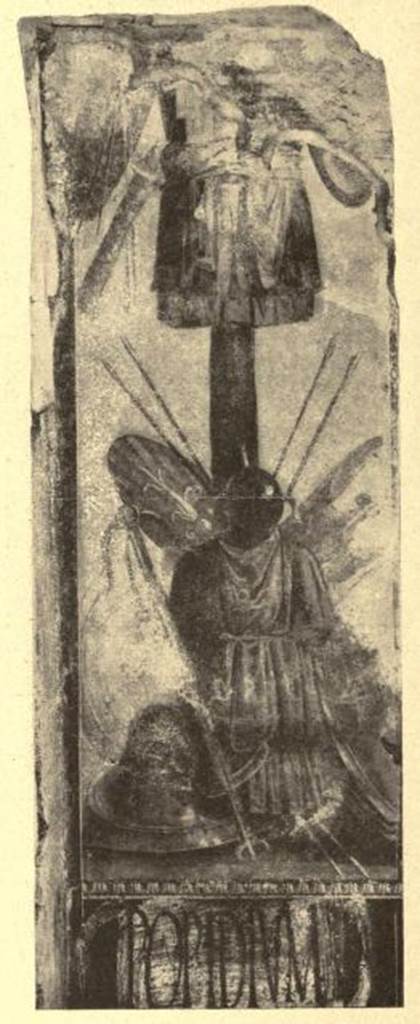 III.3.6 Pompeii. 1916, west entrance pilaster with painted roman trophy figure.
See Notizie degli Scavi di Antichità, 1916, p. 432, fig. 3.
According to Varone and Stefani, under the trophy wall painting was CIL IV 7657, 

Popidium 
aedilem  v(iis)  a(edibus)  s(acris)  p(ublicis)  p(rocurandis)  d(ignum)  r(ei)  p(ublicae)  populus 
facit  et  rogat        [CIL IV 7657]

See Varone, A. and Stefani, G., 2009. Titulorum Pictorum Pompeianorum, Rome: L’erma di Bretschneider, (p.246-251 with photos).
