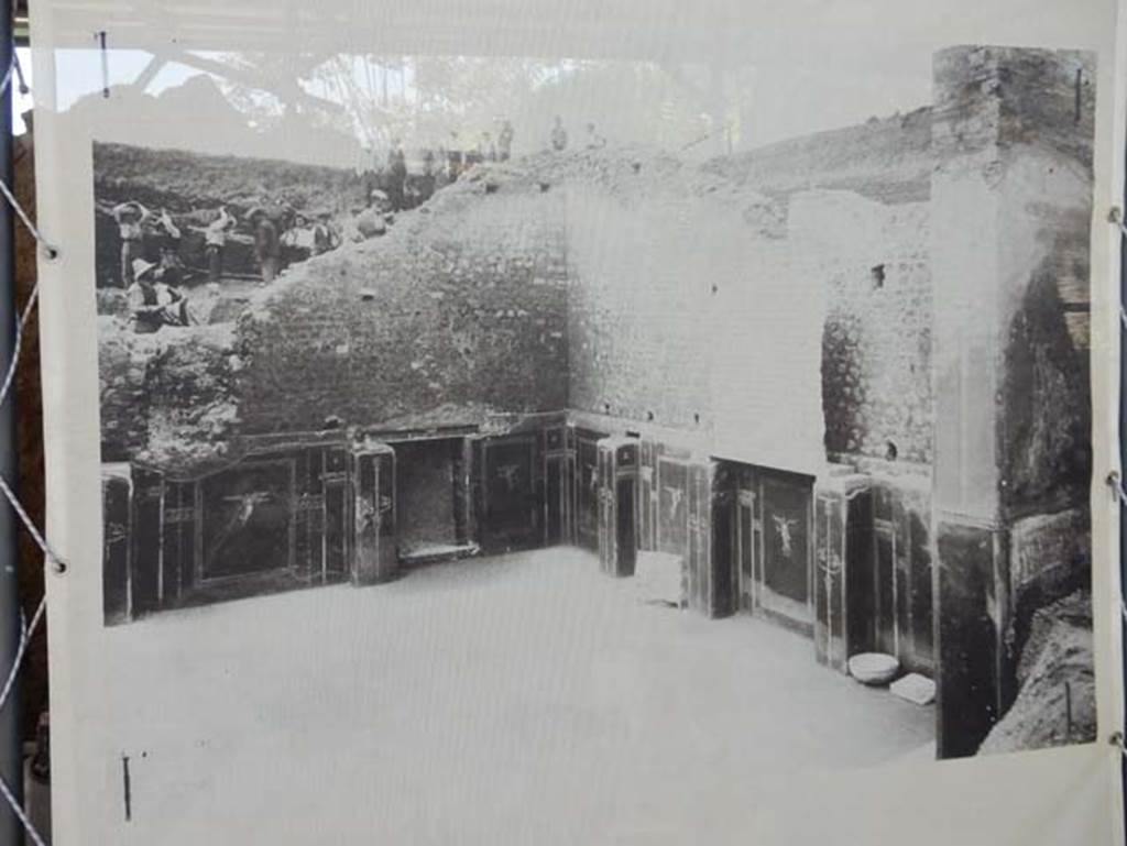 III.3.6 Pompeii. May 2018. Old photograph in display exhibition, looking towards north wall, on left, rear doorway, centre and east wall, on right. Photo courtesy of Buzz Ferebee.