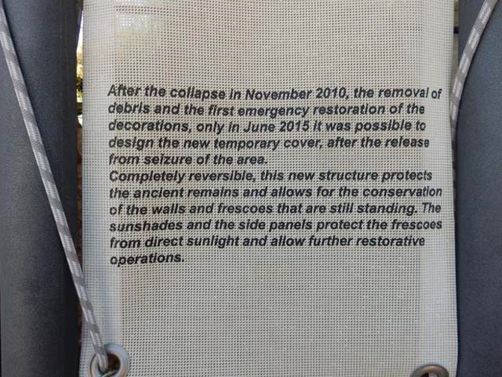 III.3.6 Pompeii. May 2018. Information display notice about restoration that started in June 2015 and the design of a new reversible cover that gives protection for the frescoes and walls and enables restoration to proceed.
Photo courtesy of Buzz Ferebee.