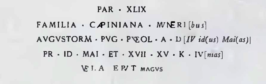 III.4.1 Pompeii.
Found painted in red letters on 2nd September 1916 on east (right-hand) side of blocked doorway between III.4.1 and III.4.2 (that is on the west (left-hand) side of III.4.2.
See Notizie degli Scavi, 1927, (p.91, no.10) and Notizie degli Scavi, 1917, (p.259, no.7.)