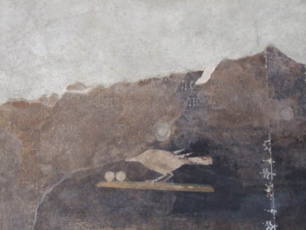 III.4.3  Pompeii. March 2009. Room 3. Second painted panel on south wall. The remains of one of the Latin moral verses, from which the house is named, is just visible and can be seen above the painted bird.
(Utere blandit)iis, odiosaque iurgia differ
Si potes, aut gressus ad tua tecta refer
See Della Corte, M., 1965. Case ed Abitanti di Pompei. Napoli: Fausto Fiorentino. (p.361. CIL IV 7698a-c)

(�.) postpone your tiresome quarrels
If you can, or leave and take them home with you.
See Cooley, A. and M.G.L., 2004. Pompeii : A Sourcebook. London : Routledge. (p.73 CIL IV 7698a-c). 
