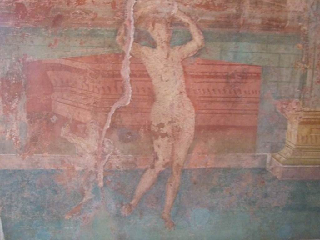 III.4.b Pompeii. March 2009. Room 3, oecus. West side of window on south wall with detail of wall painting of Venus, or female figure.