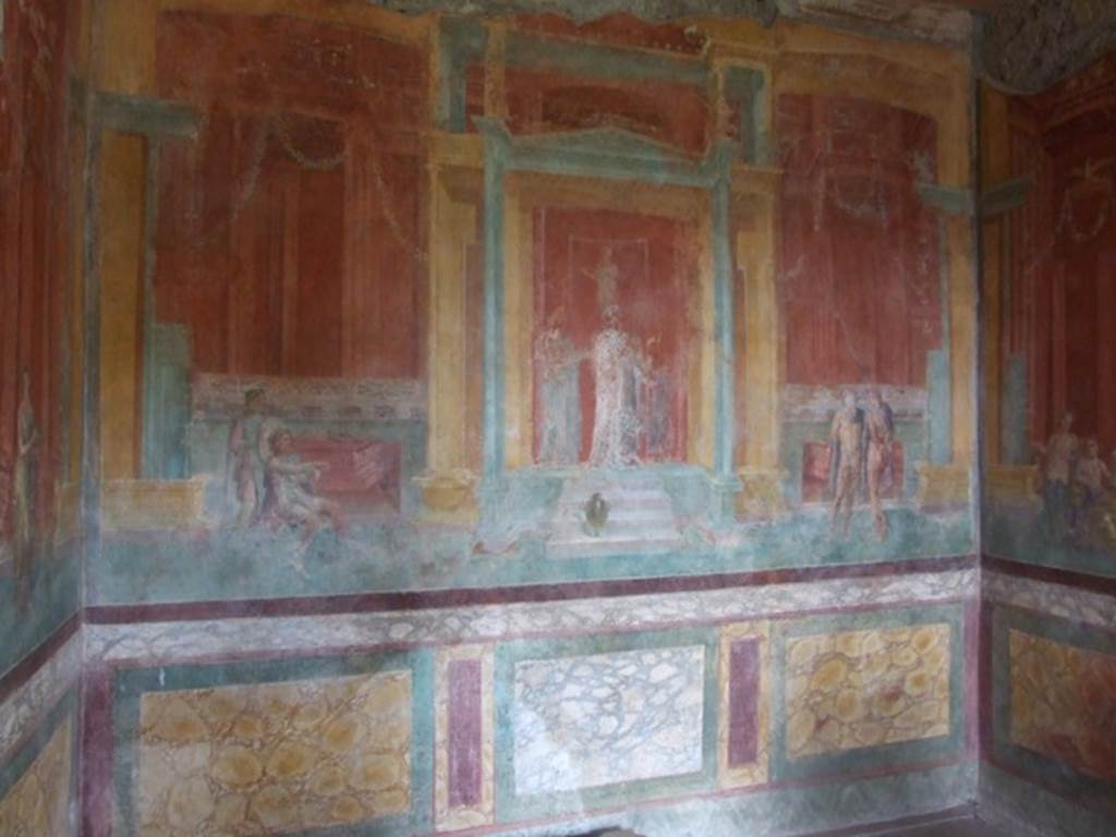 III.4.b. Pompeii. March 2009. Room 3. Oecus. North wall. Wall painting of part of a performance of Euripides “Iphigenia in Tauris”.