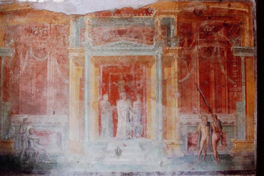 III.4.b Pompeii, 1968. Room 3, north wall of oecus.
Wall painting of part of a performance of Euripides “Iphigenia in Tauris”.
Photo by Stanley A. Jashemski.
Source: The Wilhelmina and Stanley A. Jashemski archive in the University of Maryland Library, Special Collections (See collection page) and made available under the Creative Commons Attribution-Non Commercial License v.4. See Licence and use details.
J68f0347