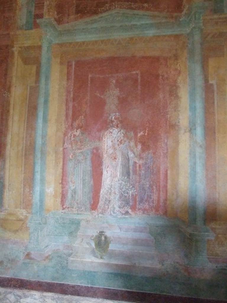 III.4.b. Pompeii. March 2009. Room 3. Oecus. North wall. Detail of remains of wall painting of Iphigenia and her attendants.