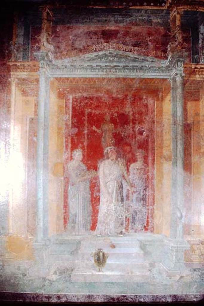 III.4.b Pompeii, 1968. Room 3, north wall of oecus.
Detail of remains of wall painting of Iphigenia and her attendants.
Photo by Stanley A. Jashemski.
Source: The Wilhelmina and Stanley A. Jashemski archive in the University of Maryland Library, Special Collections (See collection page) and made available under the Creative Commons Attribution-Non Commercial License v.4. See Licence and use details.
J68f0345