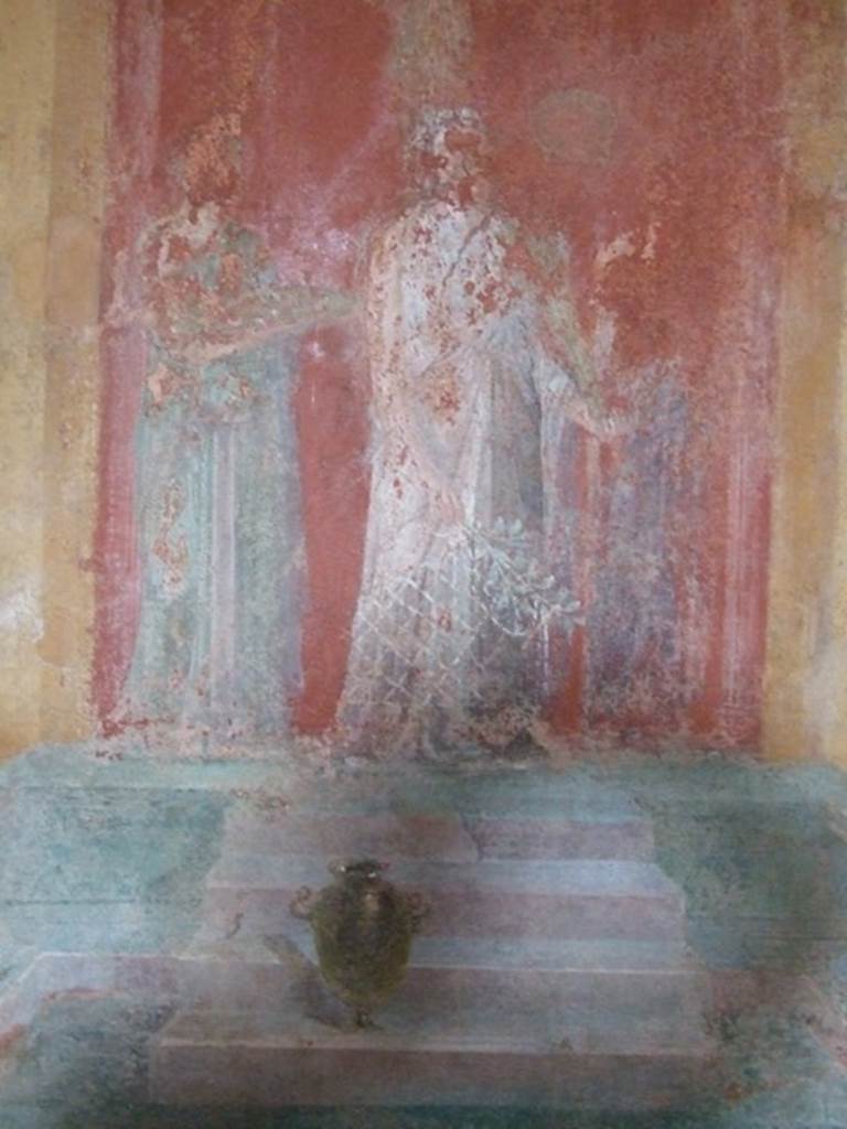 III.4.b. Pompeii. March 2009. Room 3. Oecus. North wall. Detail of Faded remains of Iphigenia and her attendants.