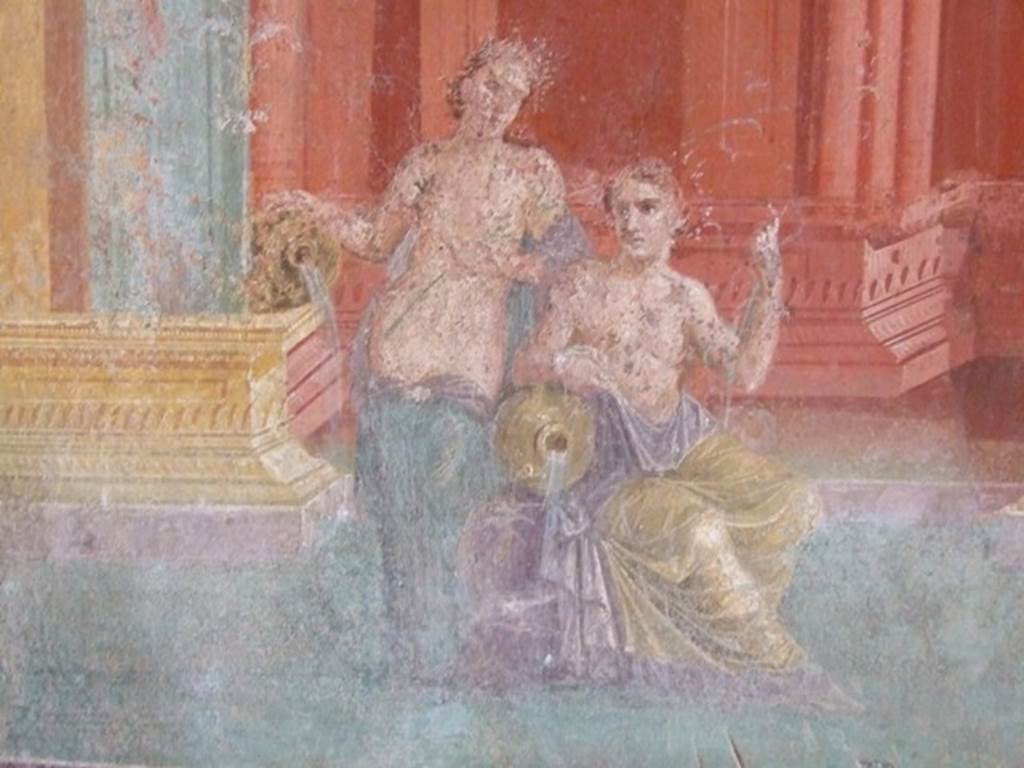 III.4.b Pompeii. March 2009. Room 3, east wall of oecus.
Detail of wall painting of two figures in conversation.
One possibly may be the river god Sangarius, father of Sangaritide.