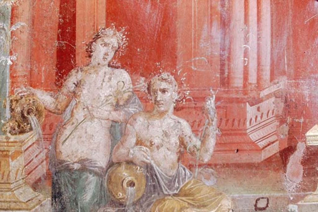 III.4.b Pompeii. 1968. Room 3, east wall of oecus. Detail of wall painting of two figures in conversation.
Photo by Stanley A. Jashemski.
Source: The Wilhelmina and Stanley A. Jashemski archive in the University of Maryland Library, Special Collections (See collection page) and made available under the Creative Commons Attribution-Non Commercial License v.4. See Licence and use details.
J68f0341