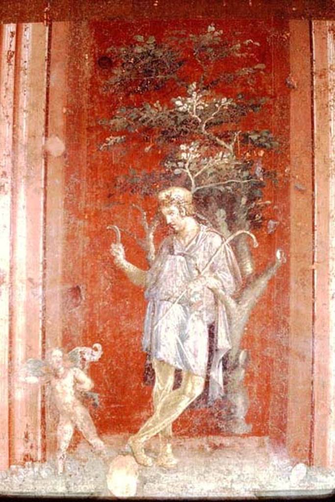 III.4.b Pompeii. 1968. Room 3, east wall of oecus, detail of wall painting of Attis.
Photo by Stanley A. Jashemski.
Source: The Wilhelmina and Stanley A. Jashemski archive in the University of Maryland Library, Special Collections (See collection page) and made available under the Creative Commons Attribution-Non Commercial License v.4. See Licence and use details.
J68f0334