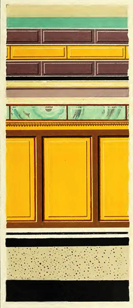 V.1.18 Pompeii. Triclinium “m”, 1882 painting of wall decoration.
Room at end of corridor leading north from peristyle.
See Presuhn E., 1882. Pompeji: Die Neuesten Ausgrabungen von 1874 bis 1881. Leipzig: Weigel. Abtheilung II, Taf IV, left.