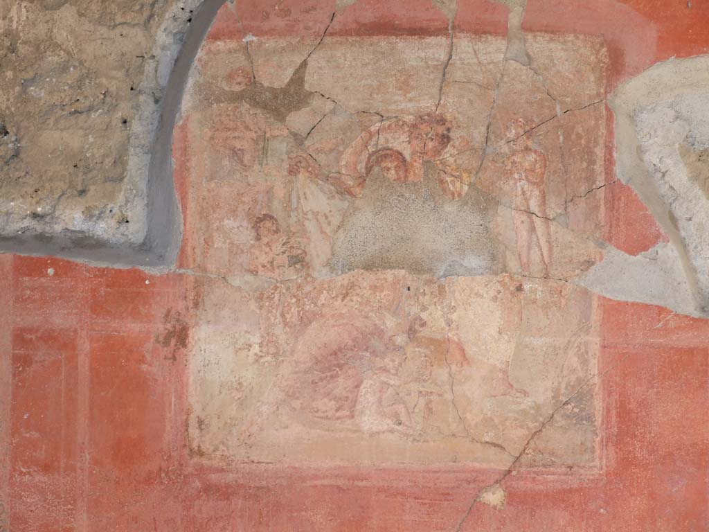 V.1.18 Pompeii. December 2007. Remains of wall painting on north wall of Exedra “o”.