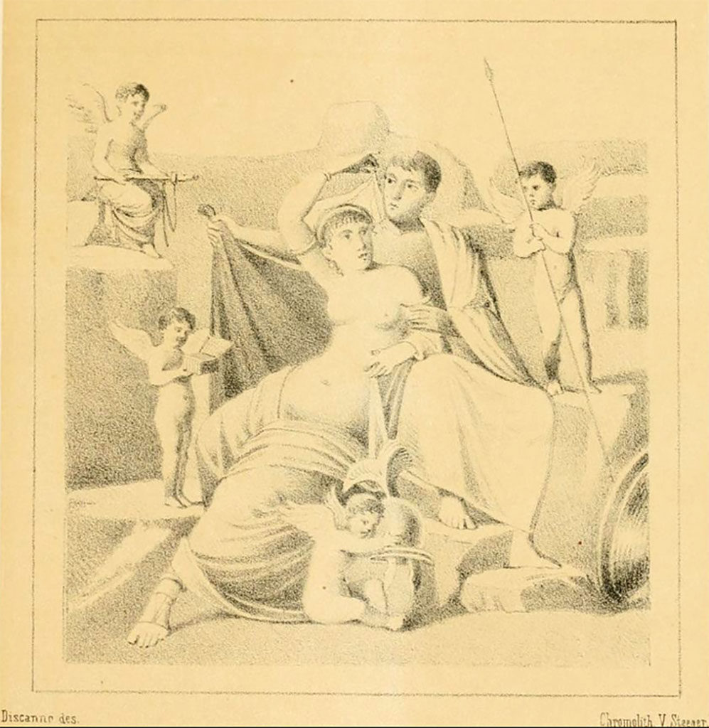 V.1.18 Pompeii.
1882 drawing by Discanno of painting of Mars and Venus. Exedra “o” on north side of peristyle. North wall.
See Presuhn E., 1882. Pompeji: Die Neuesten Ausgrabungen von 1874 bis 1881. Leipzig: Weigel. Abtheilung II, Taf VIII.