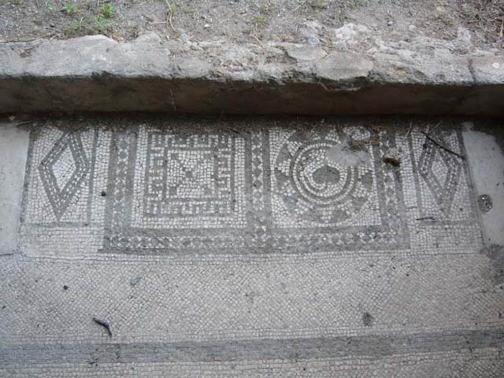 V.1.18 Pompeii. May 2012. Exedra “y”, detail of mosaic floor and door threshold.
Photo courtesy of Buzz Ferebee.