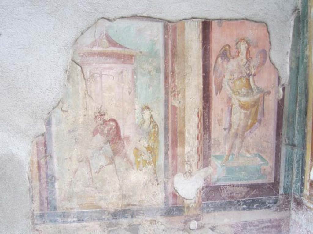 V.1.18 Pompeii. April 2012. West wall of exedra “y” with paintings of mythological scenes.
Photo courtesy of Marina Fuxa.