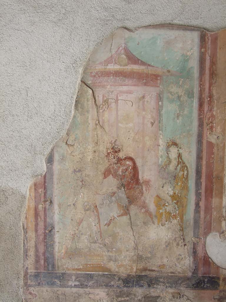 V.1.18 Pompeii. March 2009. West wall of exedra “y”.
Wall painting of The Wrestling Contest between Pan and Eros in the presence of Venus.
See Leach, E.W., 2004. The Social Life of Painting in Ancient Rome and on the Bay of Naples. Cambridge UK: Cambridge UP. (p.135).