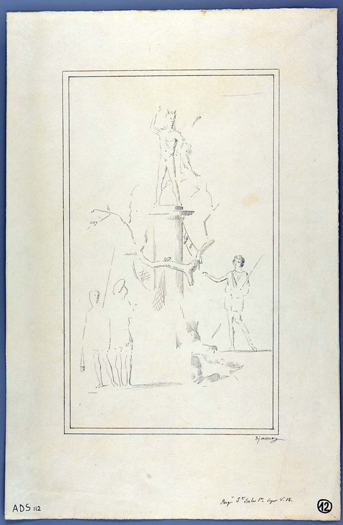 V.1.18 Pompeii. Drawing by Geremia Discanno, from north wall of exedra “y”.
Now in Naples Archaeological Museum. Inventory number ADS 112.
Photo © ICCD. http://www.catalogo.beniculturali.it
Utilizzabili alle condizioni della licenza Attribuzione - Non commerciale - Condividi allo stesso modo 2.5 Italia (CC BY-NC-SA 2.5 IT)
See Sogliano, A., 1879. Le pitture murali campane scoverte negli anni 1867-79. Napoli: Giannini. (p.44-5, no.197).
