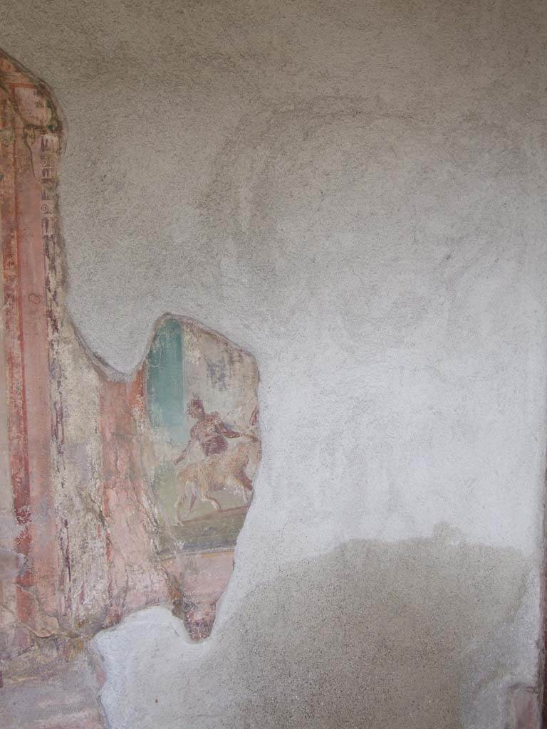 V.1.18 Pompeii. March 2009.
North wall of exedra “y”. Remains of wall painting of The Sacrifice of a Goat to Dionysus.